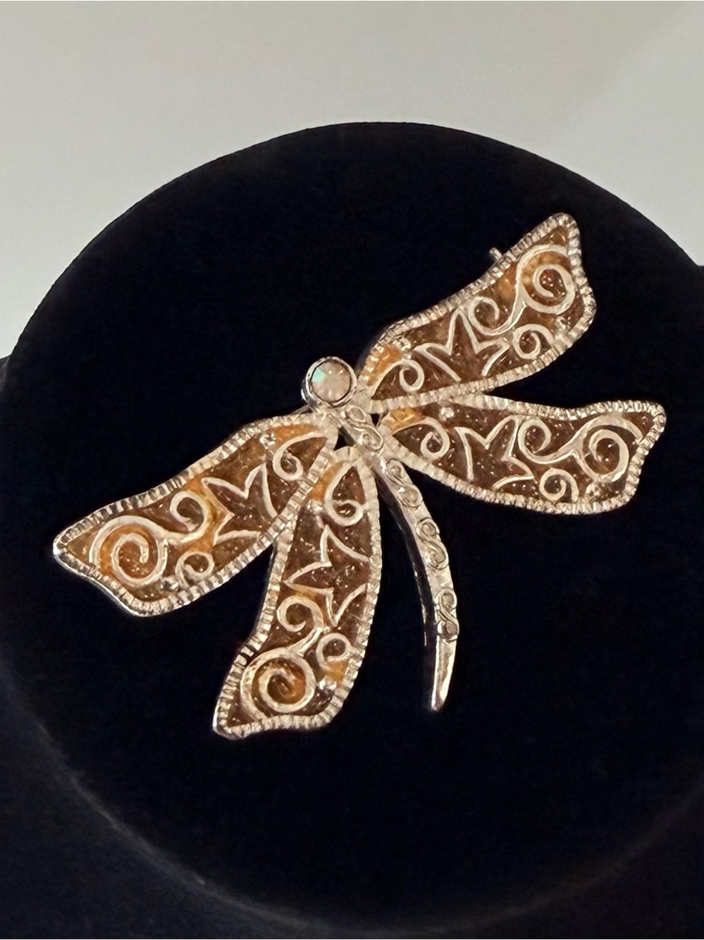 Vintage Dragonfly Brooch with Amber Enamel and Clear Crystal